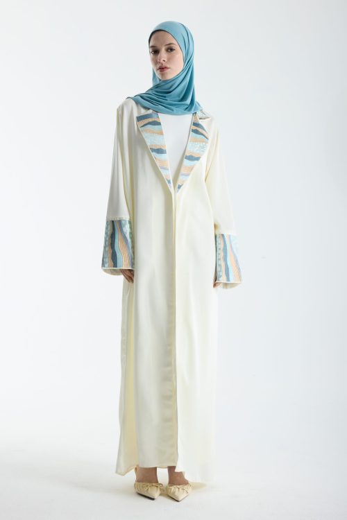 Ivory & Blue Embroidered Abaya