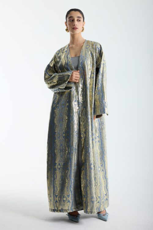 Metallic Blue & Gold jacquard abaya